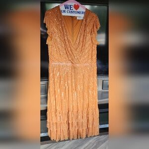 Mac Duggal Burnt Orange Sequin Cap Sleeve Wrap Dress - Tea Length - Size 14